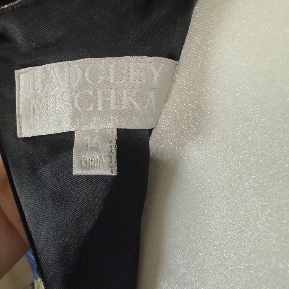 Badgley Mischka Platinum Floral Metallic Jacquard V-Neck Cocktail Dress Blue 14 - Picture 3 of 5
